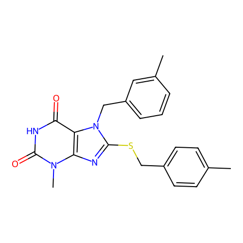 3-methyl-7-(3-methylbenzyl)-8-[(4-methylbenzyl)sulfanyl]-3,7-dihydro-1H-purine-2,6-dione structure