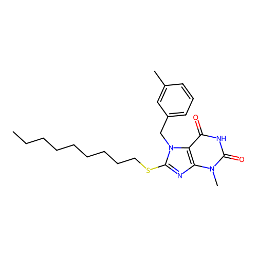 3-methyl-7-(3-methylbenzyl)-8-(nonylsulfanyl)-3,7-dihydro-1H-purine-2,6-dione structure