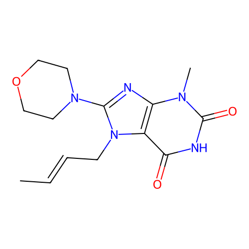 (E)-7-(but-2-en-1-yl)-3-methyl-8-morpholino-1H-purine-2,6(3H,7H)-dione structure