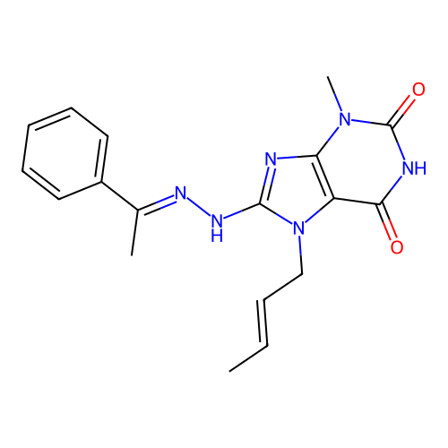 7-[(E)-but-2-enyl]-3-methyl-8-[(2E)-2-(1-phenylethylidene)hydrazinyl]purine-2,6-dione structure