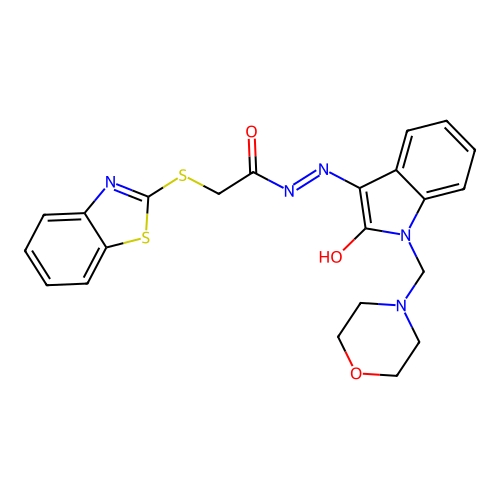 (E)-2-(benzo[d]thiazol-2-ylthio)-N'-(1-(morpholinomethyl)-2-oxoindolin-3-ylidene)acetohydrazide structure