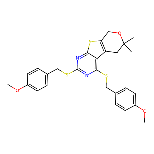 2,4-bis((4-methoxybenzyl)thio)-6,6-dimethyl-6,8-dihydro-5H-pyrano[4',3':4,5]thieno[2,3-d]pyrimidine structure