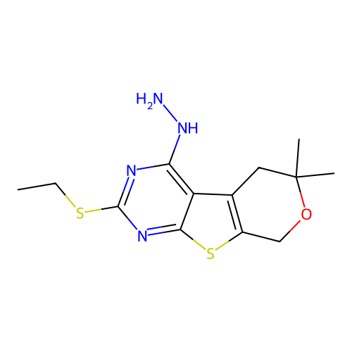 2-(ethylsulfanyl)-4-hydrazinyl-6,6-dimethyl-5,8-dihydro-6H-pyrano[4',3':4,5]thieno[2,3-d]pyrimidine structure