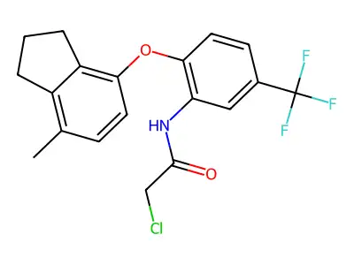 2-chloro-N-[2-[(7-methyl-2,3-dihydro-1H-inden-4-yl)oxy]-5-(trifluoromethyl)phenyl]acetamide structure
