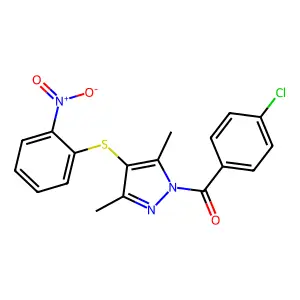 (4-chlorophenyl)(3,5-dimethyl-4-((2-nitrophenyl)thio)-1H-pyrazol-1-yl)methanone structure