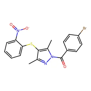 (4-bromophenyl)(3,5-dimethyl-4-((2-nitrophenyl)thio)-1H-pyrazol-1-yl)methanone structure