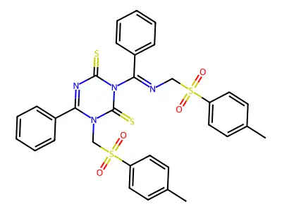 1-[(4-methylbenzenesulfonyl)methyl]-3-[(1E)-{[(4-methylbenzenesulfonyl)methyl]imino}(phenyl)methyl]-6-phenyl-1,2,3,4-tetrahydro-1,3,5-triazine-2,4-dithione structure