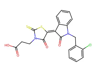 3-[(5E)-5-[1-[(2-chlorophenyl)methyl]-2-oxoindol-3-ylidene]-4-oxo-2-sulfanylidene-1,3-thiazolidin-3-yl]propanoic acid structure
