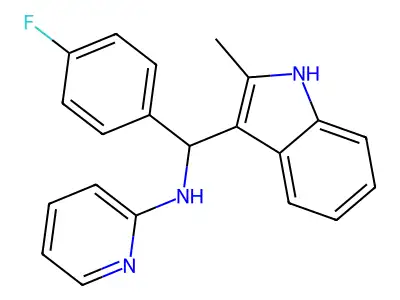 N-[(4-fluorophenyl)(2-methyl-1H-indol-3-yl)methyl]pyridin-2-amine structure