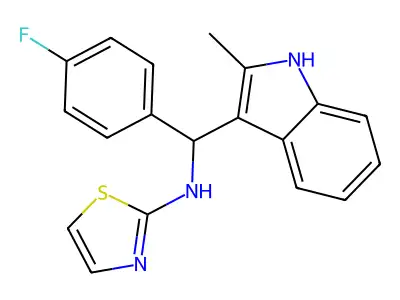 N-[(4-fluorophenyl)(2-methyl-1H-indol-3-yl)methyl]-1,3-thiazol-2-amine structure