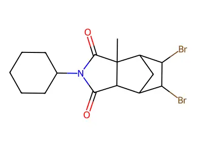 5,6-dibromo-2-cyclohexyl-3a-methylhexahydro-1H-4,7-methanoisoindole-1,3(2H)-dione structure