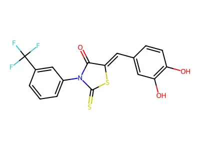 (5Z)-5-[(3,4-dihydroxyphenyl)methylidene]-2-sulfanylidene-3-[3-(trifluoromethyl)phenyl]-1,3-thiazolidin-4-one structure