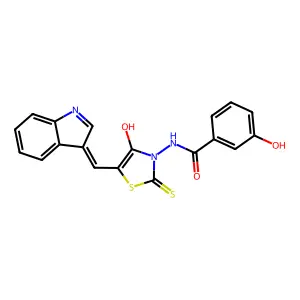 3-hydroxy-N-[4-hydroxy-5-(indol-3-ylidenemethyl)-2-sulfanylidene-1,3-thiazol-3-yl]benzamide structure