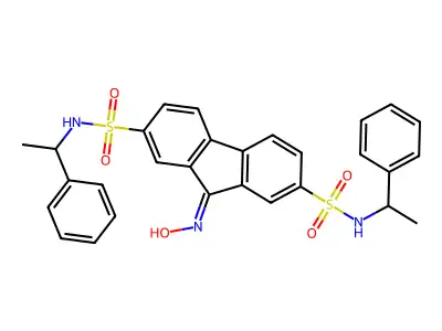 9-(Hydroxyimino)-N(2),N(7)-bis(1-phenylethyl)-9H-fluorene-2,7-disulfonamide structure