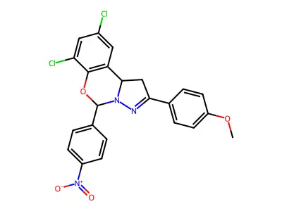 7,9-dichloro-2-(4-methoxyphenyl)-5-(4-nitrophenyl)-1,10b-dihydropyrazolo[1,5-c][1,3]benzoxazine structure