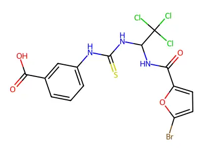 3-(3-(1-(5-Bromofuran-2-carboxamido)-2,2,2-trichloroethyl)thioureido)benzoic acid structure