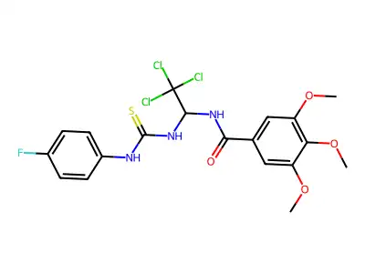 3,4,5-Trimethoxy-N-(2,2,2-tri-CL-1-(((4-F-anilino)carbothioyl)amino)ET)benzamide structure
