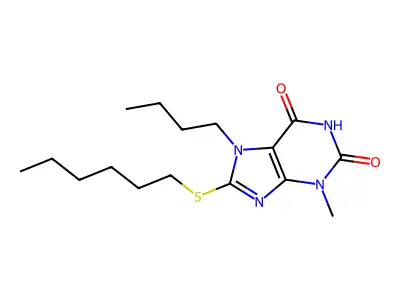 7-butyl-8-(hexylthio)-3-methyl-1H-purine-2,6(3H,7H)-dione structure