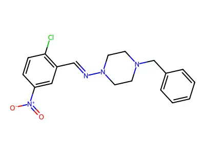 N-(4-benzylpiperazin-1-yl)-1-(2-chloro-5-nitrophenyl)methanimine structure