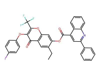 6-Ethyl-3-(4-iodophenoxy)-4-oxo-2-(trifluoromethyl)-4H-chromen-7-yl 2-phenylquinoline-4-carboxylate structure