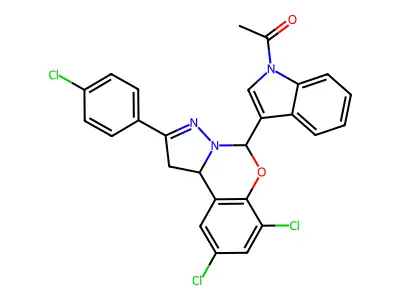 5-(1-acetyl-1H-indol-3-yl)-7,9-dichloro-2-(4-chlorophenyl)-1,10b-dihydropyrazolo[1,5-c][1,3]benzoxazine structure