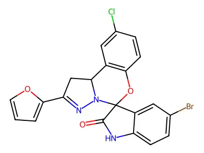 5'-bromo-9-chloro-2-(furan-2-yl)-1,10b-dihydrospiro[benzo[e]pyrazolo[1,5-c][1,3]oxazine-5,3'-indolin]-2'-one structure