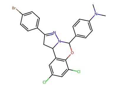 4-[2-(4-bromophenyl)-7,9-dichloro-1,10b-dihydropyrazolo[1,5-c][1,3]benzoxazin-5-yl]-N,N-dimethylaniline structure