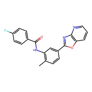 4-fluoro-N-(2-methyl-5-(oxazolo[4,5-b]pyridin-2-yl)phenyl)benzamide structure