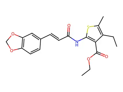 Ethyl 2-[[3-(1,3-benzodioxol-5-yl)-1-oxo-2-propen-1-yl]amino]-4-ethyl-5-methyl-3-thiophenecarboxylate structure