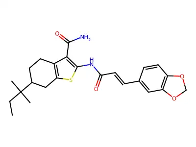 2-[[(E)-3-(1,3-benzodioxol-5-yl)prop-2-enoyl]amino]-6-(2-methylbutan-2-yl)-4,5,6,7-tetrahydro-1-benzothiophene-3-carboxamide structure