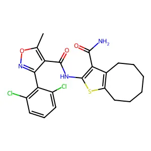 N-(3-carbamoyl-4,5,6,7,8,9-hexahydrocycloocta[b]thiophen-2-yl)-3-(2,6-dichlorophenyl)-5-methyl-1,2-oxazole-4-carboxamide structure