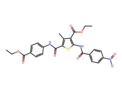 Ethyl 5-[[[4-(ethoxycarbonyl)phenyl]amino]carbonyl]-4-methyl-2-[(4-nitrobenzoyl)amino]-3-thiophenecarboxylate structure