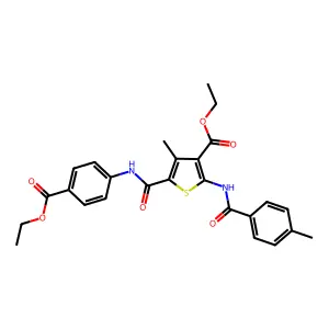 ethyl 5-{[4-(ethoxycarbonyl)anilino]carbonyl}-4-methyl-2-[(4-methylbenzoyl)amino]-3-thiophenecarboxylate structure