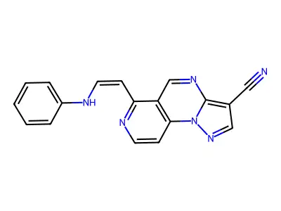 6-(2-anilinovinyl)pyrazolo[1,5-a]pyrido[3,4-e]pyrimidine-3-carbonitrile structure