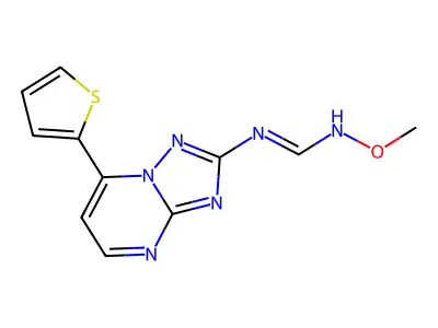 (E)-N'-methoxy-N-[7-(thiophen-2-yl)-[1,2,4]triazolo[1,5-a]pyrimidin-2-yl]methanimidamide structure