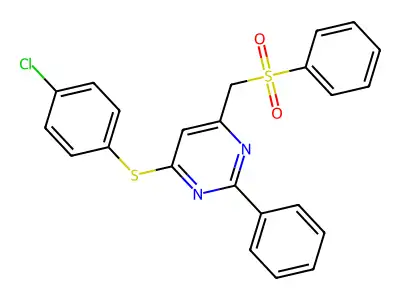{6-[(4-Chlorophenyl)sulfanyl]-2-phenyl-4-pyrimidinyl}methyl phenyl sulfone structure