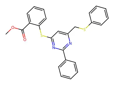 Methyl 2-[2-phenyl-6-(phenylsulfanylmethyl)pyrimidin-4-yl]sulfanylbenzoate structure