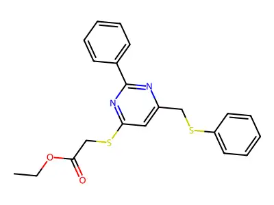 Ethyl 2-({2-phenyl-6-[(phenylsulfanyl)methyl]-4-pyrimidinyl}sulfanyl)acetate structure