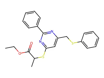 Ethyl 2-({2-phenyl-6-[(phenylsulfanyl)methyl]-4-pyrimidinyl}sulfanyl)propanoate structure