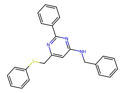 N-benzyl-2-phenyl-6-[(phenylsulfanyl)methyl]-4-pyrimidinamine structure