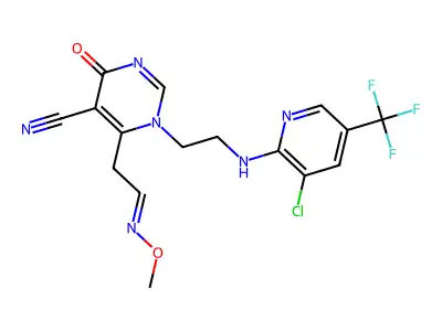 1-[2-[[3-chloro-5-(trifluoromethyl)pyridin-2-yl]amino]ethyl]-6-(2-methoxyiminoethyl)-4-oxopyrimidine-5-carbonitrile structure