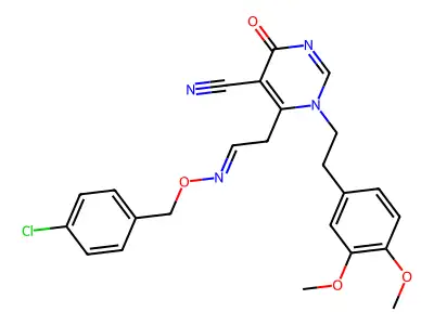 6-(2-{[(4-chlorobenzyl)oxy]imino}ethyl)-1-(3,4-dimethoxyphenethyl)-4-oxo-1,4-dihydro-5-pyrimidinecarbonitrile structure