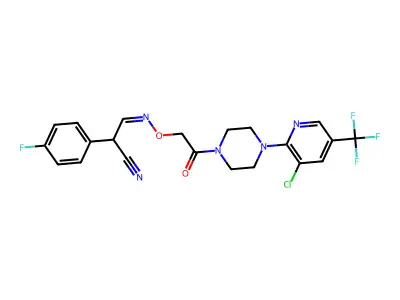 3-[(2-{4-[3-chloro-5-(trifluoromethyl)-2-pyridinyl]piperazino}-2-oxoethoxy)imino]-2-(4-fluorophenyl)propanenitrile structure