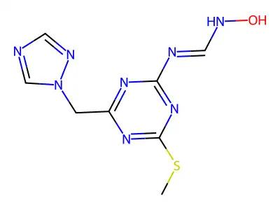 N'-hydroxy-N-[4-(methylsulfanyl)-6-(1H-1,2,4-triazol-1-ylmethyl)-1,3,5-triazin-2-yl]iminoformamide structure