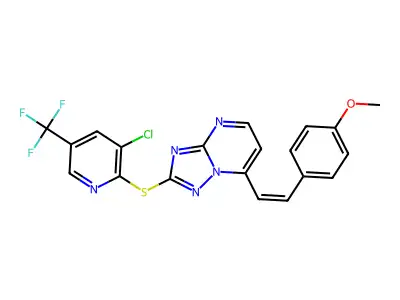 2-[3-chloro-5-(trifluoromethyl)pyridin-2-yl]sulfanyl-7-[2-(4-methoxyphenyl)ethenyl]-[1,2,4]triazolo[1,5-a]pyrimidine structure
