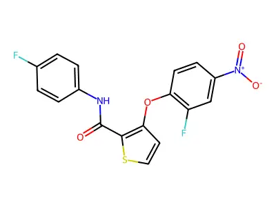 3-(2-fluoro-4-nitrophenoxy)-N-(4-fluorophenyl)thiophene-2-carboxamide structure