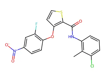 N-(3-chloro-2-methylphenyl)-3-(2-fluoro-4-nitrophenoxy)thiophene-2-carboxamide structure