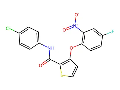 N-(4-chlorophenyl)-3-(4-fluoro-2-nitrophenoxy)thiophene-2-carboxamide structure