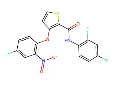 N-(2,4-difluorophenyl)-3-(4-fluoro-2-nitrophenoxy)thiophene-2-carboxamide structure