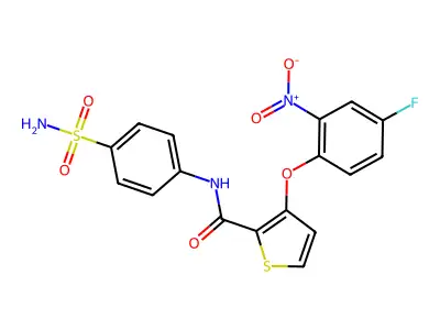 3-(4-fluoro-2-nitrophenoxy)-N-(4-sulfamoylphenyl)thiophene-2-carboxamide structure